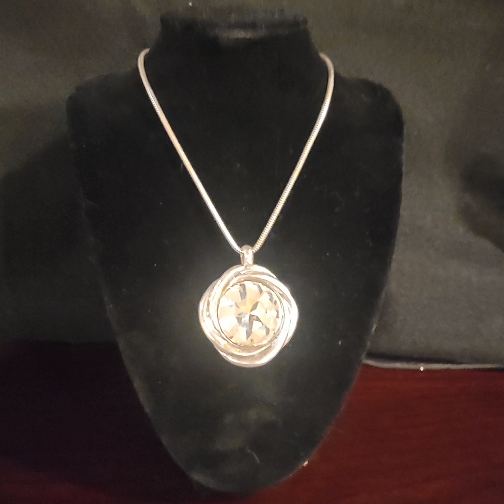 Avant Garde Elegant Silver Necklace with Large Clear Crystal